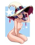  1girl breasts collarbone completely_nude hat hat_belt highres javehorny navel nipples nude original pointy_hat purple_hair short_hair simple_background small_breasts solo star_(symbol) thighs witch_hat 