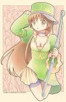  1girl bangs blue_choker blush bow_(weapon) breasts brown_eyes brown_hair character_name choker claudia_(saga) cleavage commentary_request cowboy_shot cropped_legs dress emurin frilled_skirt frills green_dress green_headwear hat holding holding_bow_(weapon) holding_weapon juliet_sleeves long_hair long_sleeves looking_at_viewer medium_breasts open_mouth puffy_sleeves romancing_saga_minstrel_song saga shako_cap skirt solo very_long_hair weapon wide_sleeves 