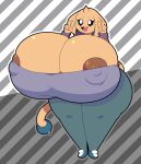  anthro areola areola_slip big_breasts big_butt black_eyes breasts brown_body butt cleavage clothed clothing dewy-eyedboy fangs female generation_2_pokemon gesture hi_res hitmontop huge_breasts huge_butt huge_thighs hyper hyper_breasts hyper_butt hyper_thighs nintendo nipple_slip nipples open_mouth pokemon pokemon_(species) smile solo standing tail teeth thick_thighs unknown_character v_sign 