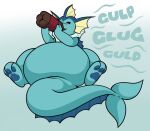  ambiguous_gender belly beverage big_belly blue_body drinking eeveelution eyes_closed feral generation_1_pokemon liquid_inflation lying nintendo on_back pokemon pokemon_(species) pompuffy_(artist) soda solo sound_effects tail text vaporeon 