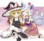  2girls animal_ears apron bare_shoulders black_footwear black_skirt black_vest blonde_hair blush bow buttons closed_eyes closed_mouth fang foothold_trap frilled_apron frilled_hat frilled_skirt frills hand_on_own_hip hands_on_own_head hat hat_bow heart highres jewelry kirisame_marisa kneeling long_hair mitsugashira_enoko mochi547 multiple_girls multiple_tails necklace pink_skirt puffy_short_sleeves puffy_sleeves shirt shoes short_hair short_sleeves sitting skirt socks sweatdrop tail touhou two-tone_bow unfinished_dream_of_all_living_ghost vest white_apron white_hair white_shirt white_socks witch_hat wolf_ears wolf_girl wolf_tail yellow_eyes 