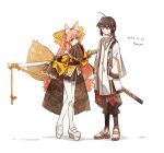  1girl 1other ahoge amulet androgynous animal_ear_fluff animal_ears black_hair bow braid braided_ponytail fate/samurai_remnant fate_(series) fox_ears fox_girl fox_tail hair_bow hair_intakes japanese_clothes jewelry kanya_(asa_yake01) kataginu katana kimono long_hair low-tied_long_hair low_twintails necklace pantyhose pink_hair platform_footwear saber_(fate/samurai_remnant) sandals sheath sheathed short_eyebrows sleeves_past_fingers sleeves_past_wrists smile sweat sword sword_on_back tail tamamo_(fate) tamamo_aria_(fate) twintails weapon weapon_on_back white_bow white_pantyhose yellow_bow yellow_eyes yellow_kimono 
