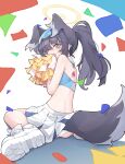  1girl absurdres animal_ears ass black_hair blue_archive blue_eyes cheerleader crop_top dog_ears dog_girl dog_tail extra_ears goggles goggles_on_head halo hibiki_(blue_archive) hibiki_(cheerleader)_(blue_archive) highres holding holding_pom_poms looking_at_viewer looking_back mmhomm official_alternate_costume open_mouth panties pantyshot pom_pom_(cheerleading) ponytail shoes skirt sneakers solo star_sticker sticker_on_arm sticker_on_face tail underwear wavy_mouth white_footwear white_panties white_skirt yellow_halo 
