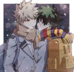  2boys backpack bag bakugou_katsuki blazer blonde_hair blue_bag blurry blush bokeh boku_no_hero_academia border breath brown_scarf buttons coi_mha cold commentary depth_of_field double_horizontal_stripe eye_contact face-to-face freckles fringe_trim from_side green_eyes green_hair grey_jacket hair_between_eyes jacket lapels long_sleeves looking_at_another male_focus midoriya_izuku multiple_boys notched_lapels outside_border parted_lips pixiv_username profile red_eyes scarf school_uniform shirt short_hair shoulder_bag snowflakes snowing spiked_hair striped striped_scarf twitter_username u.a._school_uniform upper_body vertical-striped_scarf vertical_stripes white_border white_shirt yaoi yellow_bag 