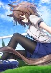  1girl absurdres agnes_tachyon_(umamusume) ahoge animal_ears black_pantyhose blue_shorts blue_sky blurry blurry_background breasts brown_hair closed_mouth cloud cloudy_sky commentary_request earrings highres horse_ears horse_girl horse_tail jewelry knee_up looking_at_viewer medium_breasts messy_hair on_grass on_ground original_race_uniform_(umamusume) outdoors pantyhose puffy_short_sleeves puffy_sleeves race_bib red_eyes ruisuke shirt shoes short_hair short_sleeves shorts single_earring sitting sky smile sneakers solo tail umamusume white_shirt 