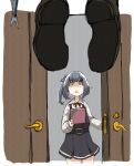  bandaged_fingers bandages belt black_ribbon bright_pupils brown_eyes buttons collared_shirt doorway dress fish gift gyorui_(amezari) hair_ribbon hanging holding holding_gift kantai_collection kasumi_(kancolle) looking_up open_mouth pinafore_dress red_ribbon ribbon shaded_face shirt side_ponytail sketch sleeveless sleeveless_dress suicide white_pupils white_shirt 