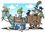  3girls ^^^ animal apron arm_behind_back arm_up bird blonde_hair blue_hair bottle bow braid broom cat chibi cirno commentary_request crossed_legs daiyousei dress drinking fairy_wings fallen_down from_side full_body green_hair hat hat_bow holding holding_bottle ice ice_wings inuno_rakugaki kirisame_marisa long_hair looking_at_another lying multiple_girls on_back on_side open_mouth riding shirt shoes short_hair short_sleeves side_braid single_braid standing straw_hat surprised touhou waist_apron white_apron wide-eyed wings witch_hat 