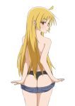  1girl ahoge ass black_panties blonde_hair blue_shorts bocchi_the_rock! clothes_pull commentary_request from_behind highres ijichi_seika long_hair looking_back panties pulled_by_self red_eyes shorts shorts_pull solo thundradrawings topless underwear undressing 
