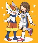  1girl brown_hair cinderace closed_eyes commentary_request eyelashes gloria_(pokemon) high_five highres kokashiho medium_hair official_alternate_costume open_mouth orange_background pokemon pokemon_(creature) pokemon_swsh red_footwear shoes soccer_uniform sparkle sportswear standing standing_on_one_leg white_fur 