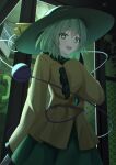  1girl black_headwear buttons collared_shirt corded_phone diamond_button frilled_shirt_collar frilled_sleeves frills fuka_kurotsuji green_eyes green_hair green_skirt hair_between_eyes hat hat_ribbon highres holding holding_knife knife koishi_day komeiji_koishi open_mouth outdoors phone phone_booth ribbon shirt short_hair skirt sleeves_past_fingers sleeves_past_wrists smile solo touhou wide_sleeves yellow_ribbon yellow_shirt 