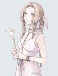  1girl ancotsubu artist_name bangle bare_shoulders bracelet braid braided_ponytail breasts brown_hair buttons choker cleavage cowboy_shot dress final_fantasy final_fantasy_vii final_fantasy_vii_remake flower flower_choker green_eyes grey_background hair_ribbon holding holding_flower jewelry long_hair medium_breasts parted_bangs pink_dress pink_ribbon ribbon ring sidelocks single_braid sleeveless sleeveless_dress solo standing twitter_username wavy_hair 