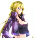  1girl absurdres blonde_hair blue_eyes blush breasts carol_malus_dienheim cleavage closed_mouth highres jacket large_breasts long_hair midriff mole mole_under_eye navel senki_zesshou_symphogear simple_background solo tanashi_(mk2) upper_body white_background 