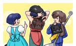  1boy 2girls blue_hair blush brown_hair chinese_clothes closed_eyes happy kuonji_ukyou multiple_girls open_mouth ranma_1/2 saotome_ranma school_uniform short_hair spatula tangzhuang tendou_akane wanta_(futoshi) 