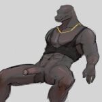  2023 abs anthro balls biped bodily_fluids bottomless clothed clothing digital_media_(artwork) epic_games fortnite genital_fluids genitals grey_background grey_body grey_scales hi_res humanoid_genitalia humanoid_penis jewelry komodo_dragon lizard male monitor_lizard muscular muscular_anthro muscular_male necklace non-mammal_balls pecs penis precum raised_clothing raised_shirt raised_topwear reptile scales scalie shirt simple_background sitting solo sweat tank_top thunder_(fortnite) topwear wowsibart 
