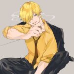  1boy black_jacket black_pant blonde_hair blue_eyes cigarette curly_eyebrows fish_(m8snknk) grey_background hair_over_one_eye holding holding_cigarette jacket jacket_on_shoulders looking_to_the_side male_focus necktie one_piece sanji_(one_piece) shirt simple_background sitting sleeves_rolled_up smile smoke yellow_shirt 
