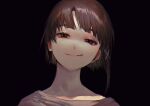  1girl absurdres albino_(a1b1n0623) asymmetrical_hair black_background brown_eyes brown_hair close-up grey_shirt grin hair_ornament highres iwakura_lain looking_at_viewer parted_lips serial_experiments_lain shirt short_hair simple_background single_sidelock smile solo x_hair_ornament 