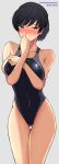  1girl absurdres aged_up amagami arms_under_breasts ass_visible_through_thighs bare_shoulders black_eyes black_hair black_one-piece_swimsuit blue_one-piece_swimsuit blush breasts collarbone commentary competition_swimsuit covering_mouth dated embarrassed grey_background hand_to_own_mouth highleg highleg_swimsuit highres large_breasts mitojyaneeeeyo navel one-piece_swimsuit short_hair simple_background solo swimsuit thighs tsukahara_hibiki twitter_username two-tone_swimsuit 