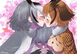  3girls absurdres aburaeoyaji black_hair blush brown_hair buttons closed_eyes coat commentary_request eurasian_eagle_owl_(kemono_friends) face-to-face facing_another fingerless_gloves fur_collar gendou_pose gloves green_eyes grey_hair grey_shirt hair_between_eyes highres kemono_friends kiss leaning_forward long_bangs long_sleeves looking_at_viewer medium_hair multicolored_hair multiple_girls northern_white-faced_owl_(kemono_friends) own_hands_clasped own_hands_together shirt shoebill_(kemono_friends) smile staring v-shaped_eyebrows yuri 