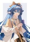  1girl :d animal_ear_fluff arknights astgenne_(arknights) astgenne_(her_aspiration)_(arknights) belt belt_buckle blue_eyes blue_hair bow brown_skirt buckle chinese_commentary collared_shirt commentary_request cowboy_shot dress flower hair_between_eyes hair_bow hairband hand_up highres holding holding_flower jacket layered_clothes layered_sleeves long_hair long_sleeves looking_at_viewer nailianglujiu767 open_clothes open_jacket open_mouth open_vest shirt skirt smile solo very_long_hair vest white_belt white_jacket white_shirt yellow_bow yellow_dress yellow_hairband yellow_vest 
