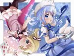  2girls blue_eyes blue_hair blue_vest frilled_shirt frills gochuumon_wa_usagi_desu_ka? hair_ornament hairband highres kafuu_chino kirima_syaro kyuri_senbei lolita_hairband multiple_girls rabbit_house_uniform shirt vest x_hair_ornament 