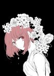  arima_kana black_background closed_mouth dress flower hair_flower hair_ornament looking_at_viewer oshi_no_ko osnk_rya red_eyes red_hair short_hair unhappy white_dress white_flower 