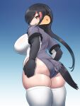 animal_humanoid armwear avian avian_humanoid big_breasts bird_humanoid black_hair breasts butt clothed clothing elbow_gloves feathers female gloves hair hair_over_eye handwear headphones hi_res humanoid kemono_friends king_penguin_(kemono_friends) legwear leotard looking_at_viewer looking_back low-angle_view mittens mo23 one_eye_obstructed penguin_humanoid rear_view smile solo sweater tail tail_feathers thigh_highs topwear turtleneck yellow_eyes 