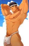  1boy abs arms_behind_head bara black_hair closed_mouth cloud covered_penis fundoshi hidora_art highres japanese_clothes large_pectorals male_focus male_pubic_hair muscular muscular_male navel nipples original pectorals penis penis_peek pubic_hair see-through short_hair sky smile solo wet wet_clothes wet_fundoshi 