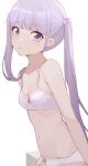  1girl bare_shoulders blunt_bangs bra breasts collarbone commentary dot_nose from_side hair_ornament highres hiroki_(yyqw7151) long_hair looking_at_viewer navel new_game! panties parted_lips purple_eyes simple_background small_breasts strap_gap suzukaze_aoba twintails underwear underwear_only white_background 