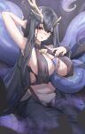  1girl absurdres arm_up armpits arms_behind_head asymmetrical_horns azur_lane between_breasts black_dress black_hair black_nails blush breasts cleavage dress golden_hind_(azur_lane) hair_between_eyes highres horns large_breasts long_hair looking_at_viewer mole mole_under_mouth navel parted_lips purple_eyes revealing_clothes signature solo stomach tentacles tongue tongue_out unique_(pixiv12704744) 