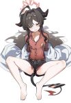  1girl absurdres ahoge armband bare_legs barefoot between_legs black_hair black_shorts blue_archive blush breasts coat collarbone demon_girl demon_horns demon_tail drill_hair feet full_body grin groin halo highres horns hufy huge_ahoge kasumi_(blue_archive) long_hair long_sleeves looking_at_viewer no_panties off_shoulder open_clothes open_coat partially_visible_vulva red_shirt revision shirt short_shorts shorts simple_background sitting small_breasts smile smirk solo spread_legs tail tail_between_legs toes white_background white_coat yellow_eyes 