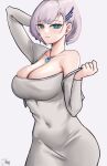  1girl absurdres alternate_costume blush breasts bright_pupils cleavage collarbone covered_navel cropped_jacket dongtan_dress dress dynorz earrings grey_dress grey_jacket highres hololive hololive_indonesia jacket jewelry large_breasts looking_at_viewer meme_attire pavolia_reine purple_hair short_hair simple_background single_bare_shoulder solo strapless strapless_dress virtual_youtuber white_background white_pupils 