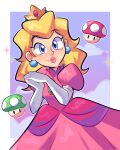  blonde_hair blue_eyes breasts clothing crown dress duo ear_piercing female fungus gloves hair handwear headgear hi_res human lips lou_lubally mammal mario_bros mushroom nintendo piercing pink_clothing pink_dress princess_peach super_mario_world 