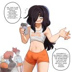  3boys afro ass black_hair bulge charley_(ms_pigtails) english_text femboy_hooters_(meme) hair_over_one_eye highres hooters ichiro_(ms_pigtails) long_hair meme midriff multiple_boys navel notepad otoko_no_ko pencil roland_(ms_pigtails) shorts simple_background sky_guy_art vest 