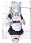 1girl absurdres animal_ear_fluff animal_ears apron back_bow bang_dream! bang_dream!_it&#039;s_mygo!!!!! black_dress blue_bow blue_hair blue_ribbon bow breasts cat_ears chinese_commentary cleavage commentary_request corset cowboy_shot dated detached_collar dress heart heart_hands highres indoors light_blue_hair long_hair looking_at_viewer maid_apron maid_headdress medium_breasts neck_ribbon open_mouth puffy_short_sleeves puffy_sleeves ribbon short_sleeves signature solo standing thighhighs togawa_sakiko twintails white_apron white_thighhighs xiongji_z_z yellow_eyes 
