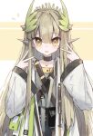  1girl arknights black_choker brown_hair choker closed_mouth double_v facing_viewer hair_between_eyes hair_ornament highres lab_coat long_hair long_sleeves looking_at_viewer muelsyse_(arknights) nalphanne pointy_ears simple_background smile tongue tongue_out v yellow_eyes 