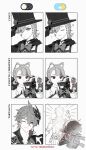  animal_ears bow cat_ears cat_girl closed_mouth cup drinking english_commentary freminet_(genshin_impact) genshin_impact greyscale hair_between_eyes hat helmet highres lumine_(genshin_impact) lynette_(genshin_impact) lyney_(genshin_impact) mask mask_on_head monochrome one_eye_closed parody sakon04 simple_background smile tartaglia_(genshin_impact) top_hat twitter_username white_background 