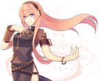  1girl black_skirt blue_eyes blue_nails bracelet breasts brown_hairband commentary cowboy_shot hairband hand_on_own_chest jewelry ktsis long_hair medium_breasts megurine_luka navel pink_hair shirt side_slit skirt smile solo vocaloid 
