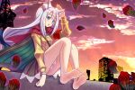  1girl 7th_dragon_(series) 7th_dragon_2020 7th_dragon_2020-ii animal_ear_fluff animal_ears bare_legs barefoot black_skirt blue_bow blue_eyes bow cape chitrine_(7th_dragon) cloud cloudy_sky floating hair_bow long_hair long_sleeves looking_at_viewer lucier_(7th_dragon) open_mouth petals puffy_long_sleeves puffy_sleeves qontamblue red_cape shirt sitting skirt sky soles solo sunset toes very_long_hair white_hair yellow_shirt 
