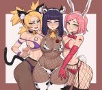  3girls animal_ears ass_visible_through_thighs bell bikini blonde_hair blunt_bangs boruto:_naruto_next_generations bow bowtie breasts cat_ears cat_tail choker collar commentary cow_ears cow_horns cow_print_bikini cowbell cowboy_shot detached_collar elbow_gloves english_commentary fake_animal_ears fake_tail fishnets gloves green_eyes haruno_sakura highres horns hyuuga_hinata hyyun_ho large_breasts looking_at_viewer multiple_girls naruto_(series) navel neck_bell open_mouth panties panties_under_pantyhose pantyhose pink_hair quad_tails rabbit_ears rabbit_tail short_hair smile swimsuit tail teeth temari_(naruto) thighhighs tongue underwear 