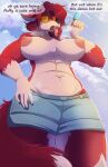  abs anthro ardail areola athletic athletic_anthro athletic_female big_breasts black_lips bodily_fluids bottomwear breasts canid canine clothed clothing cloud dialogue drooling eyewear fangs female fluffy fluffy_tail food fox front_view fur hair heat_(temperature) hi_res lips low-angle_view mammal nipples open_mouth pink_areola pink_nipples popsicle popsicle_melting red_body red_fur red_hair regys_(carp) saliva sharp_teeth shorts sky solo speech_bubble sunglasses sweat tail teeth tongue tongue_out topless white_body white_fur 
