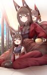  3girls =_= absurdres akagi-chan_(azur_lane) amagi-chan_(azur_lane) amagi_(azur_lane) animal_ear_fluff animal_ears azur_lane bell breasts brown_tail choker closed_eyes closed_mouth commentary dual_persona floor fox_ears hair_brush hair_ornament hand_on_another&#039;s_head highres holding indoors japanese_clothes kimono kyuubi large_breasts long_hair multiple_girls multiple_tails on_floor one_eye_closed open_mouth purple_eyes purple_shirt red_kimono samip shirt short_hair sitting sitting_between_lap tail thighhighs very_long_hair 