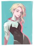  1girl absurdres blonde_hair blue_eyes bodysuit closed_mouth eyebrow_piercing gogongoo gwen_stacy highres looking_at_viewer marvel multicolored_hair piercing raised_eyebrow short_hair smile spider-gwen spider-man:_across_the_spider-verse spider-man_(series) spider-verse 