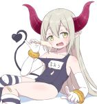  1girl bandaid bandaid_on_knee bandaid_on_leg black_one-piece_swimsuit bracelet bubukka demon_girl demon_horns demon_tail elbow_gloves emma_august fang food gloves grey_hair hair_between_eyes holding horns jewelry long_hair looking_at_viewer nijisanji old_school_swimsuit one-piece_swimsuit open_mouth popsicle school_swimsuit simple_background skin_fang solo striped swimsuit tail thighs virtual_youtuber white_background white_gloves yellow_eyes 