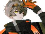  1boy alban_knox beni_(bn12x20) black_gloves brown_hair eyewear_on_head gloves green_eyes highres male_focus multicolored_clothes multicolored_gloves nijisanji nijisanji_en one_eye_closed orange_gloves round_eyewear simple_background solo two-tone_gloves virtual_youtuber white_background 