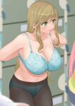 2girls :d arms_behind_back blue_bra blue_panties bra breasts brown_pantyhose cleavage commentary_request cowboy_shot fang green_eyes hair_down highres huge_breasts inuyama_aoi kagamihara_nadeshiko leaning_forward locker locker_room long_hair looking_to_the_side momoiro_lettuce multiple_girls navel panties panties_under_pantyhose pantyhose see-through skin_fang smile thick_eyebrows underwear undressing yurucamp 