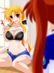  2girls black_bra black_panties black_ribbon blonde_hair bra breasts cleavage couple engo_(aquawatery) fate_testarossa food hair_ribbon highres large_breasts lingerie looking_at_another lyrical_nanoha mahou_shoujo_lyrical_nanoha_strikers mahou_shoujo_lyrical_nanoha_vivid multiple_girls orange_hair panties popsicle red_eyes ribbon short_shorts shorts side_ponytail sitting smile surprised sweat takamachi_nanoha tsab_air_military_uniform underwear watermelon_bar yuri 