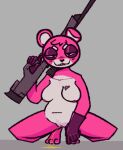  anthro bear blush bodily_fluids breasts casual_nudity crouching cuddle_team_leader digital_media_(artwork) epic_games female fortnite fur genital_fluids genitals gun hi_res holding_object holding_weapon looking_at_viewer mammal nipples nude peeing pink_body pink_fur pussy ranged_weapon smile smug solo teeth thick_thighs urine urine_stream watersports weapon wendigoop 