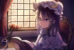  1girl bo_cota book day flower highres ink ink_bottle looking_at_object open_book patchouli_knowledge quill reading red_flower solo sunlight touhou 