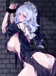  1girl ass blue_eyes blush braid breasts brick_wall capelet chain chained chained_wrists commentary_request cowboy_shot dress frilled_capelet frilled_headwear frills grey_hair half-closed_eyes head_scarf highres izayoi_sakuya large_breasts lips looking_at_viewer medium_hair open_mouth panties puffy_short_sleeves puffy_sleeves raptor7 see-through short_sleeves solo torn_clothes torn_dress touhou twin_braids underwear white_capelet white_panties 