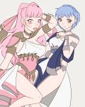  2girls :d alternate_costume armlet blue_hair breasts choker cleavage commentary dancer_(three_houses) dress feet_out_of_frame fire_emblem fire_emblem:_three_houses flat_color grey_background grey_eyes highres hilda_valentine_goneril long_hair looking_at_viewer marianne_von_edmund medium_breasts multiple_girls open_mouth pink_eyes pink_hair short_hair simple_background single-shoulder_dress smile smkittykat thighs very_long_hair white_dress 